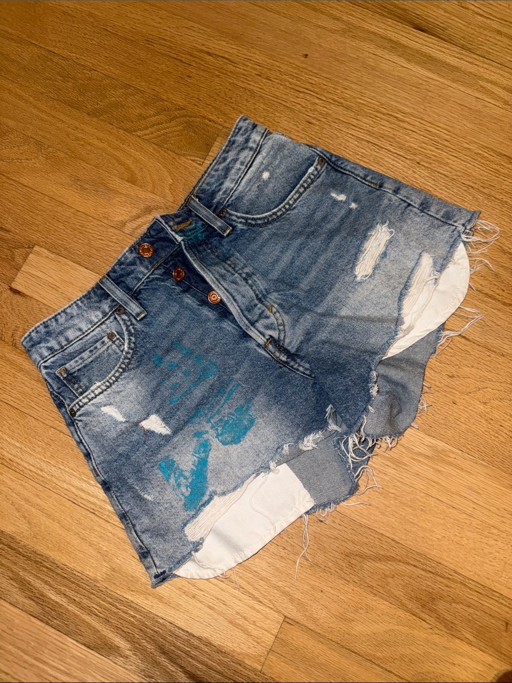 H&M Blue Distressed Denim Shorts with Turquoise Paint